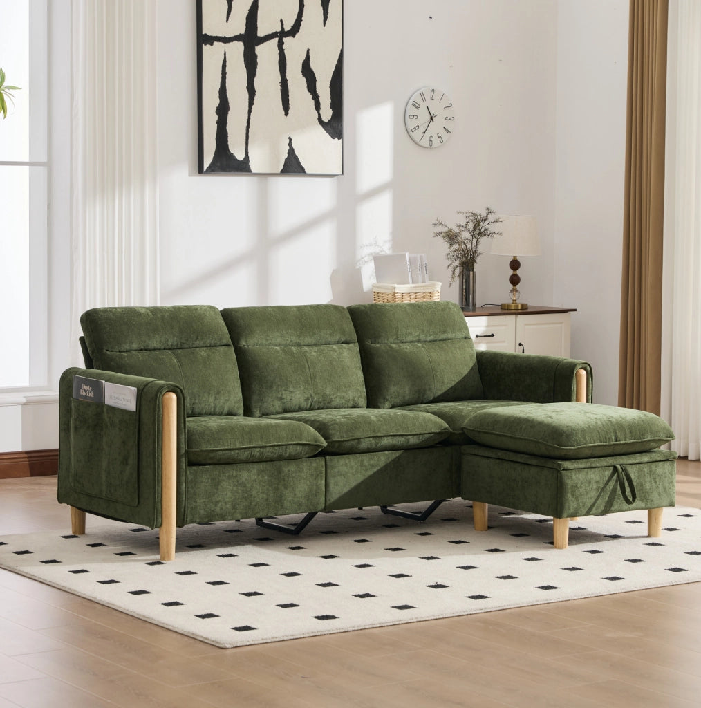 Divano a 3 posti in ciniglia verde con pouf contenitore reversibile