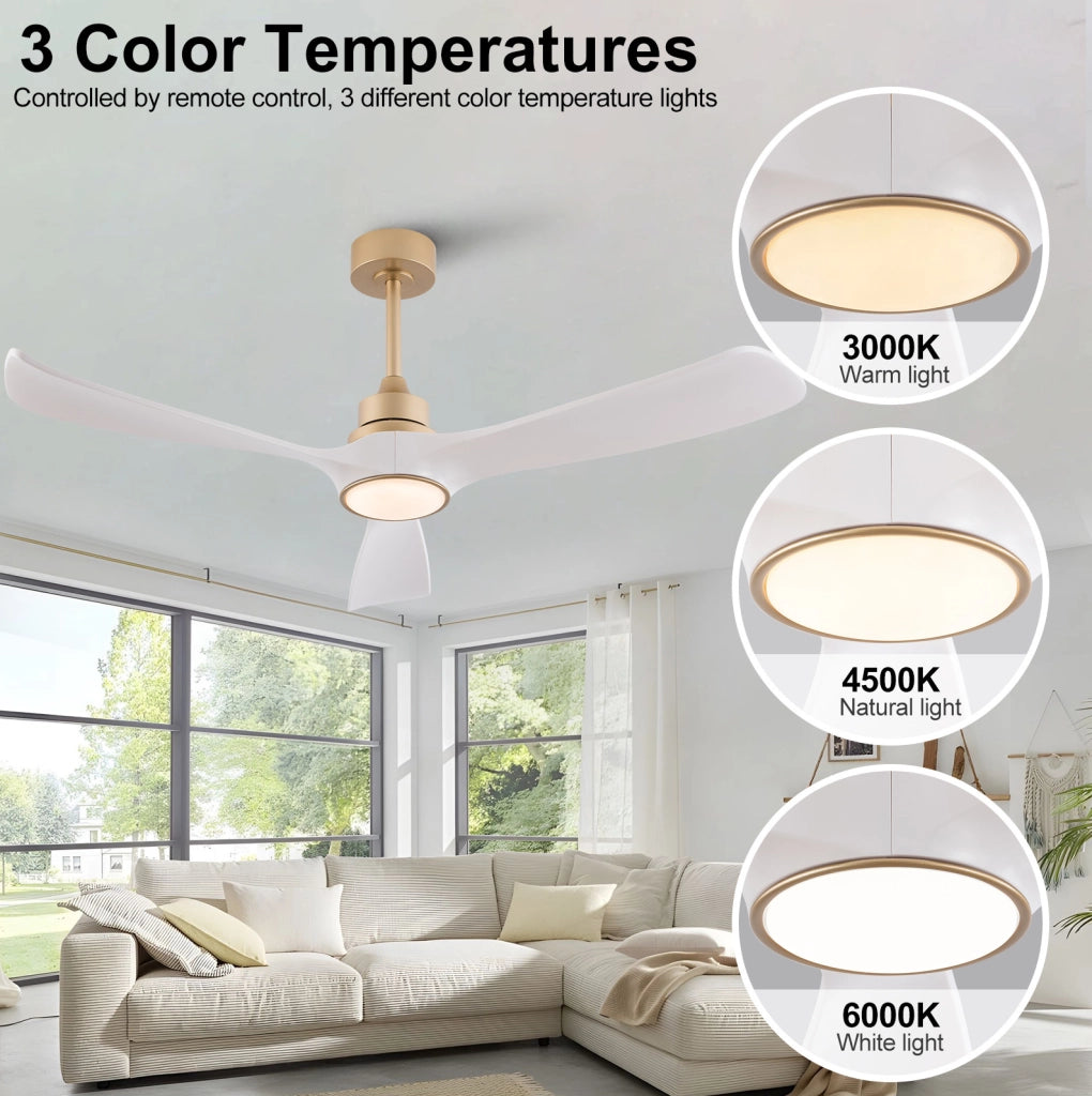 Ventilatore da soffitto con luce 52 pollici; 3 pale ABS; bianco e oro