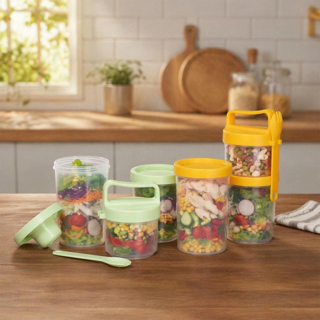 Contenitore per muesli da portare con sé, impilabile, composto da 2 parti, con manico e cucchiaino