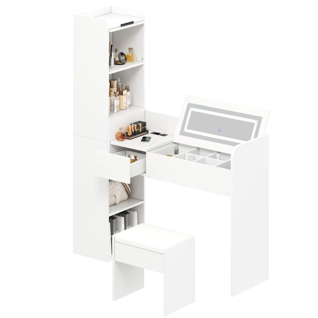 Toeletta bianca con specchio luminoso, ricarica USB e sgabello
