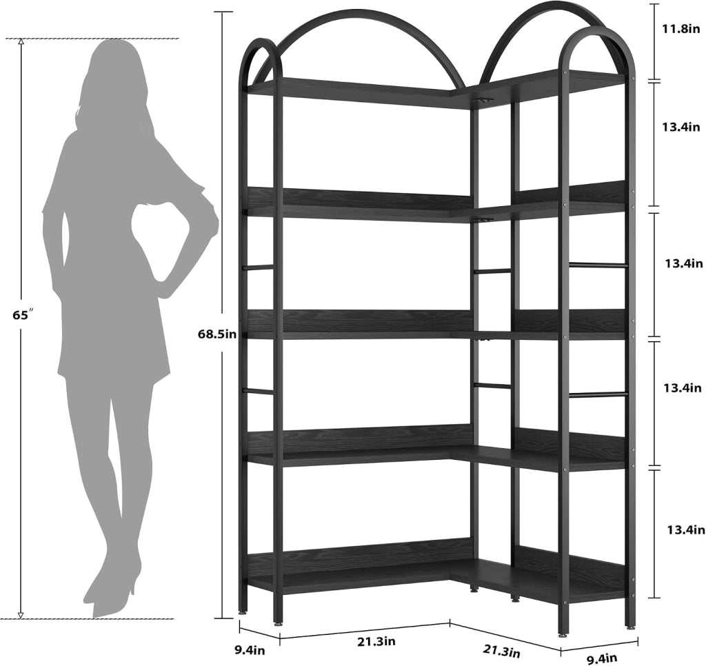 Libreria angolare ad arco reversibile a forma di L; 174 cm; nera