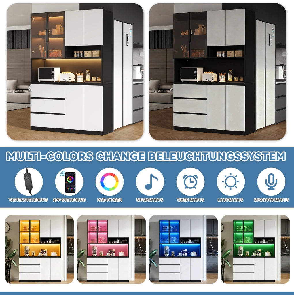 Credenza alta da cucina bianca e nera con LED, 120,5 cm