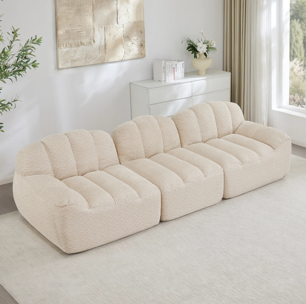 Divano modulare a U 288x165 cm beige in tessuto, 2 pouf, senza montaggio