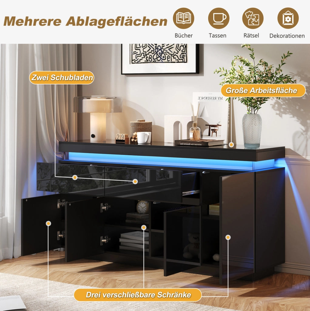 Credenza nera lucida 140 x 35 x 72,5 cm con illuminazione a LED