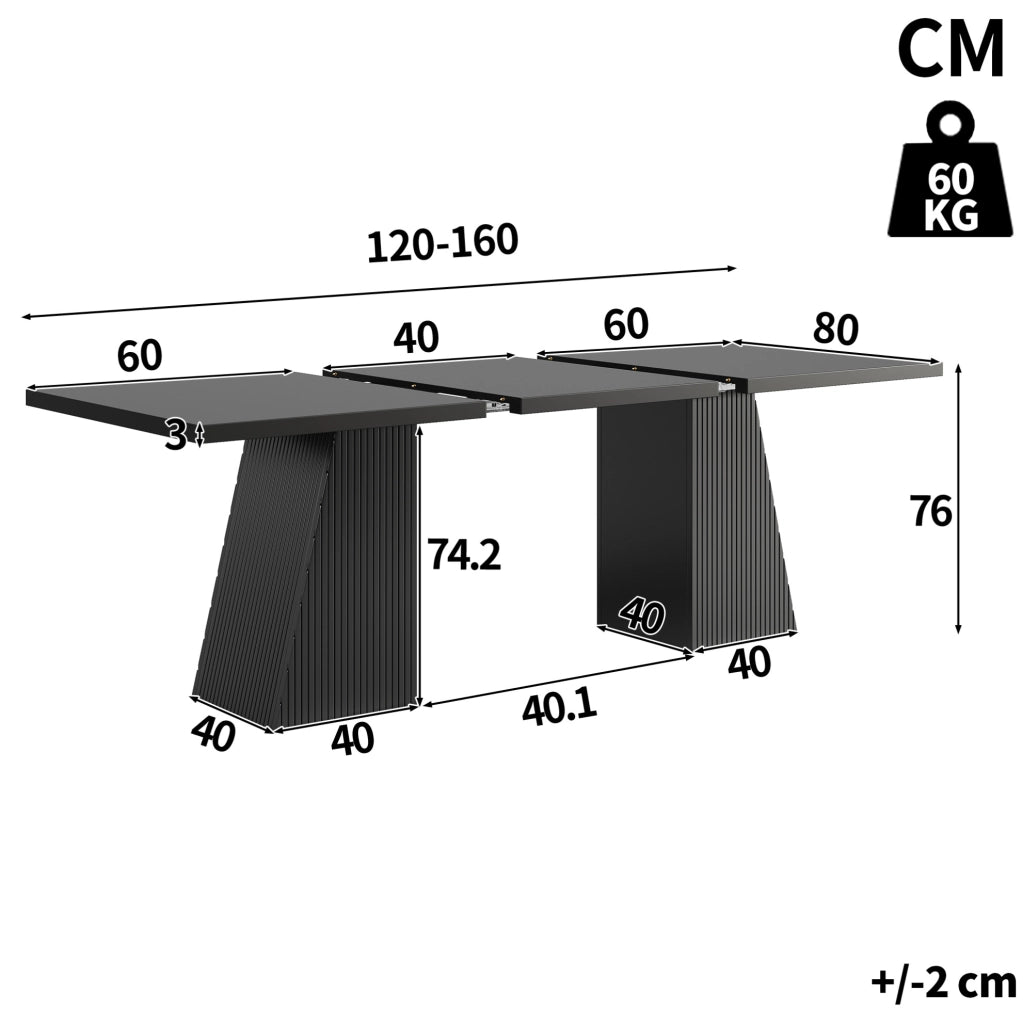 Tavolo da pranzo allungabile 120/160x80x76 cm in MDF/metallo nero; 46 posti