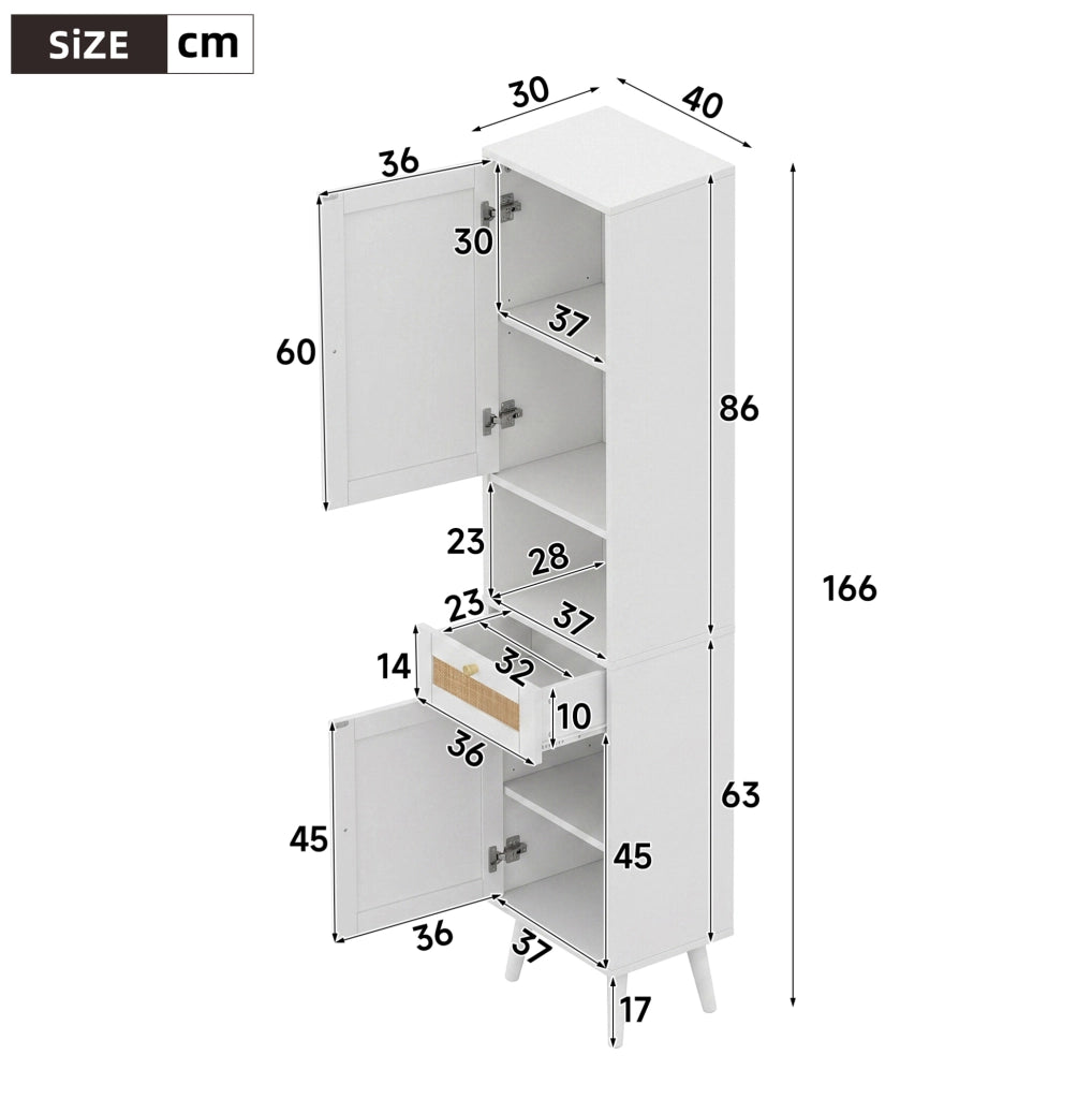 Mobile alto da bagno bianco 40 x 30 x 166 cm con ante reversibili e cassetto