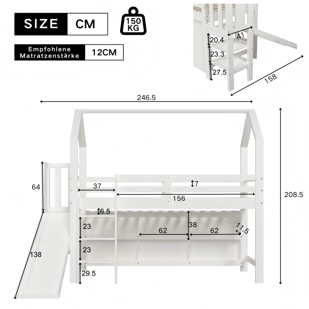 Letto singolo per bambini 90 × 200 cm con rete a doghe scivolo scale contenitori e ripiani in legno bianco