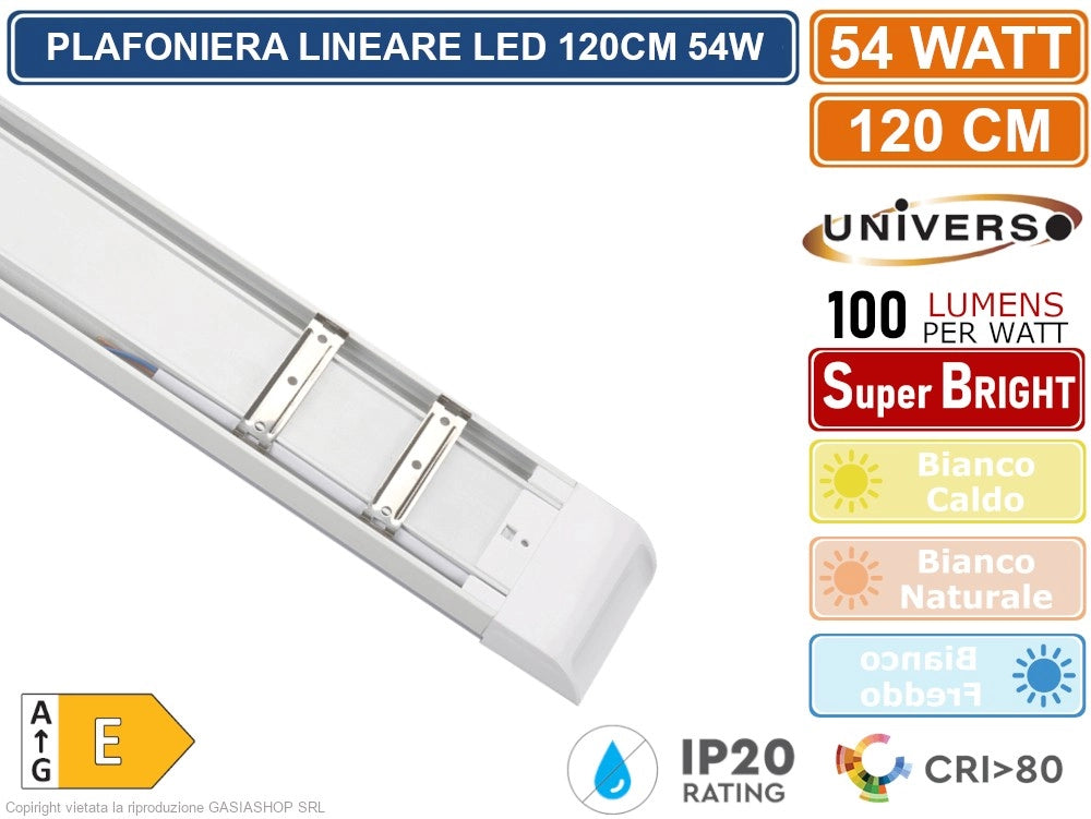 PLAFONIERA LINEARE LED UNIVERSO ALTA LUMINOSITA' 5400 LUMEN 120CM 54W IP20 - Colore Luce:Bianco Caldo