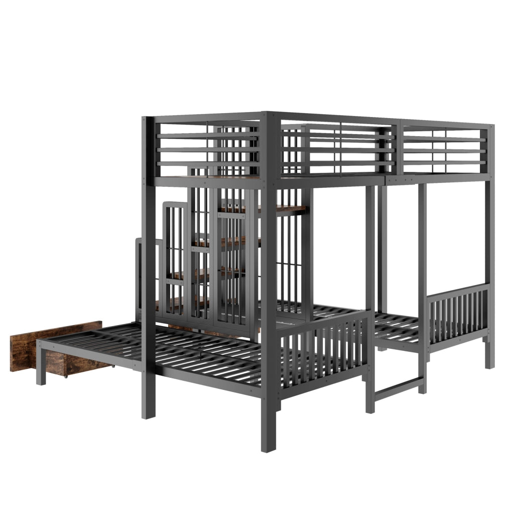 Letto a castello triplo 90 x 200 cm in metallo e legno nero con scala e 2 cassetti