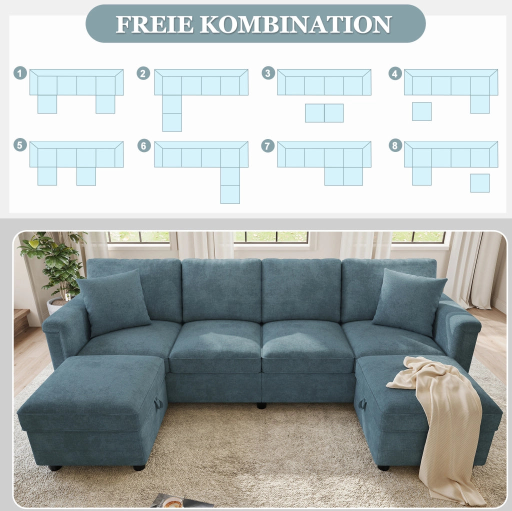 Divano modulare blu in ciniglia con due pouf contenitori