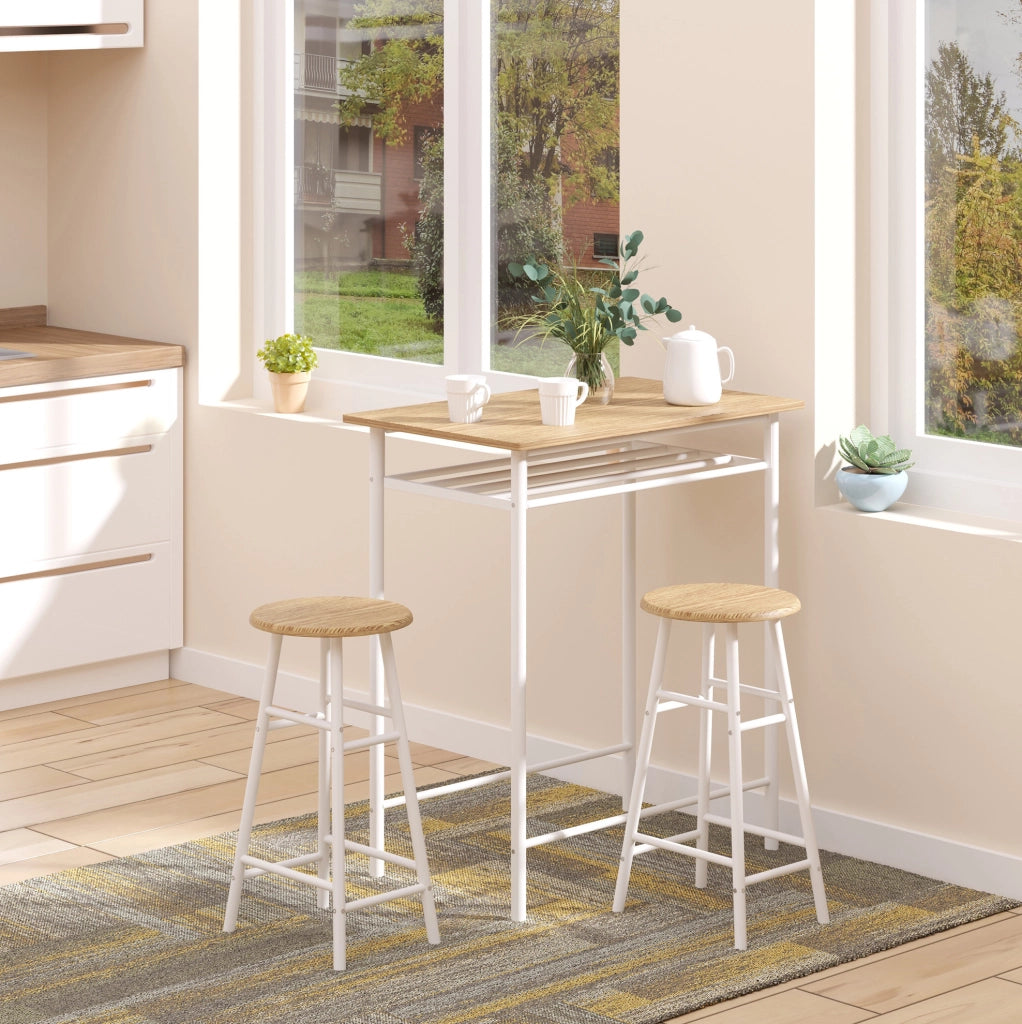 Set tavolo bar 3 pezzi con 2 sgabelli - MDF, metallo bianco e quercia, 80x50x90 cm