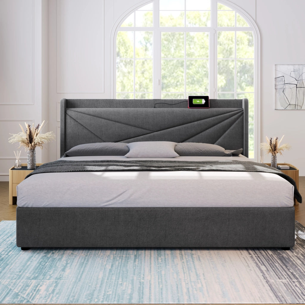 Letto Contenitore 160 x 200 cm, Matrimoniale, USB, Type-C e Testiera Imbottita - Grigio