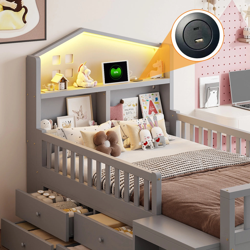 Letto per bambini 90 × 200 cm con quattro cassetti scale laterali LED porte USB e type-C in legno grigio