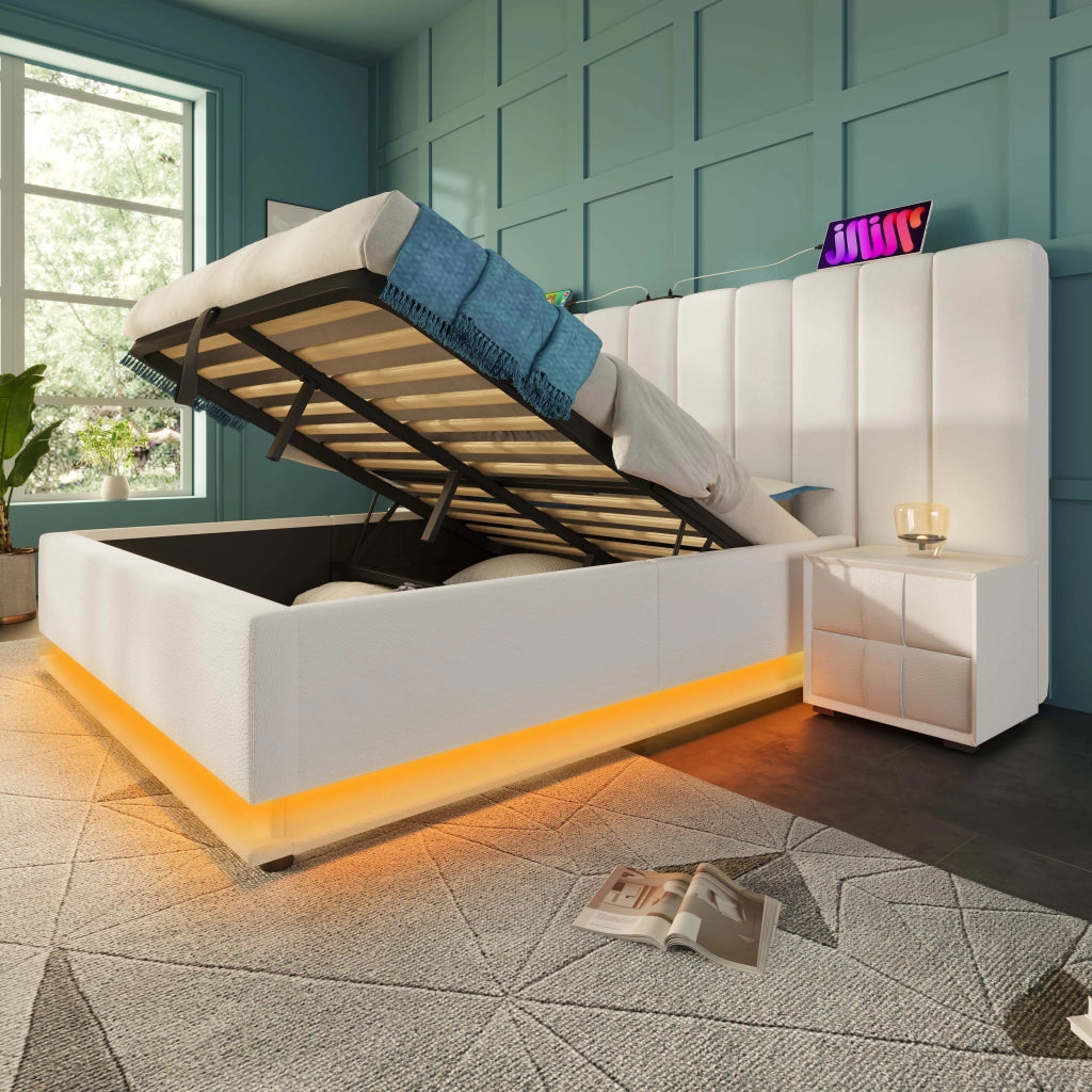Letto matrimoniale contenitore 160 × 200 cm con LED controllabile tramite app e ricarica USB C in PU bianco
