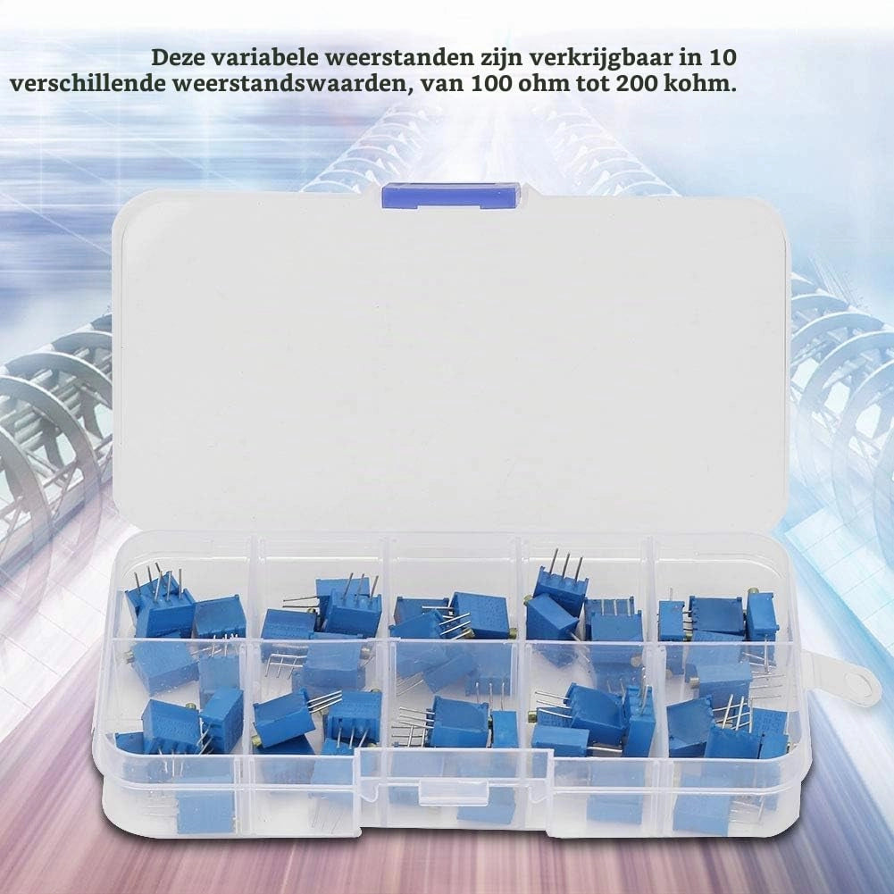 Set di trimmer-potenziometri, 50 pezzi, 10 valori, da 100 Ohm a 200 kOhm