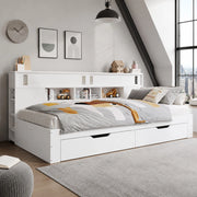 Letto singolo multifunzione 90 × 190 cm con 2 cassetti e armadietti; MDF bianco