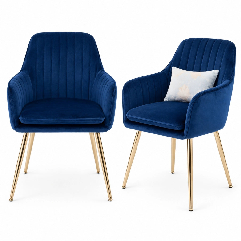 SEDIA da pranzo con braccioli in tessuto blu e gambe dorate, Set da 2 pezzi