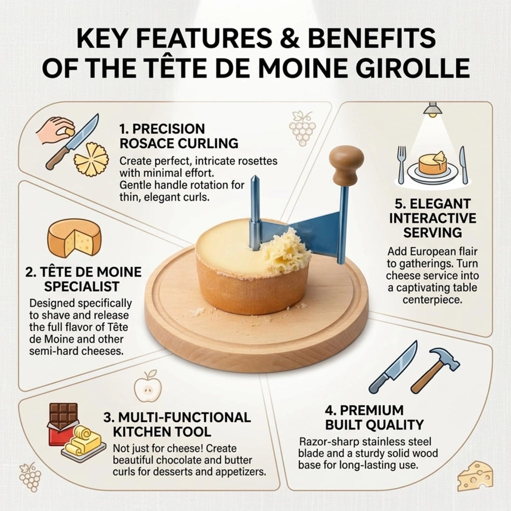 Affettatrice per formaggio con manovella, base in legno, specifica per il formaggio Tête de Moine