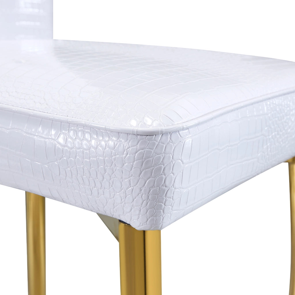 Sedia da pranzo con dettagli a bottone in cristallo in metallo e PVC oro e bianco