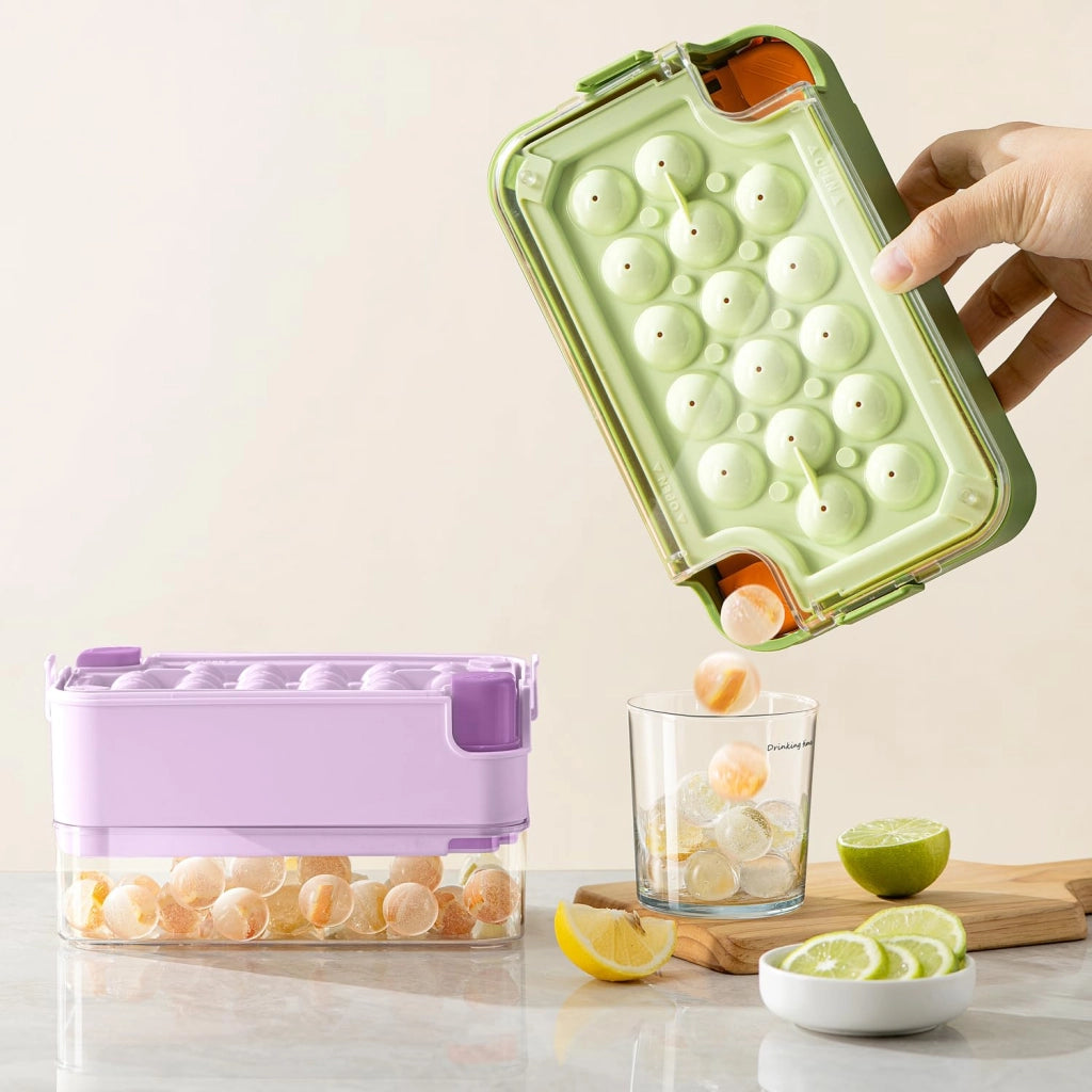 Stampo per cubetti di ghiaccio, forma a 16 sfere, contenitore viola, in polipropilene