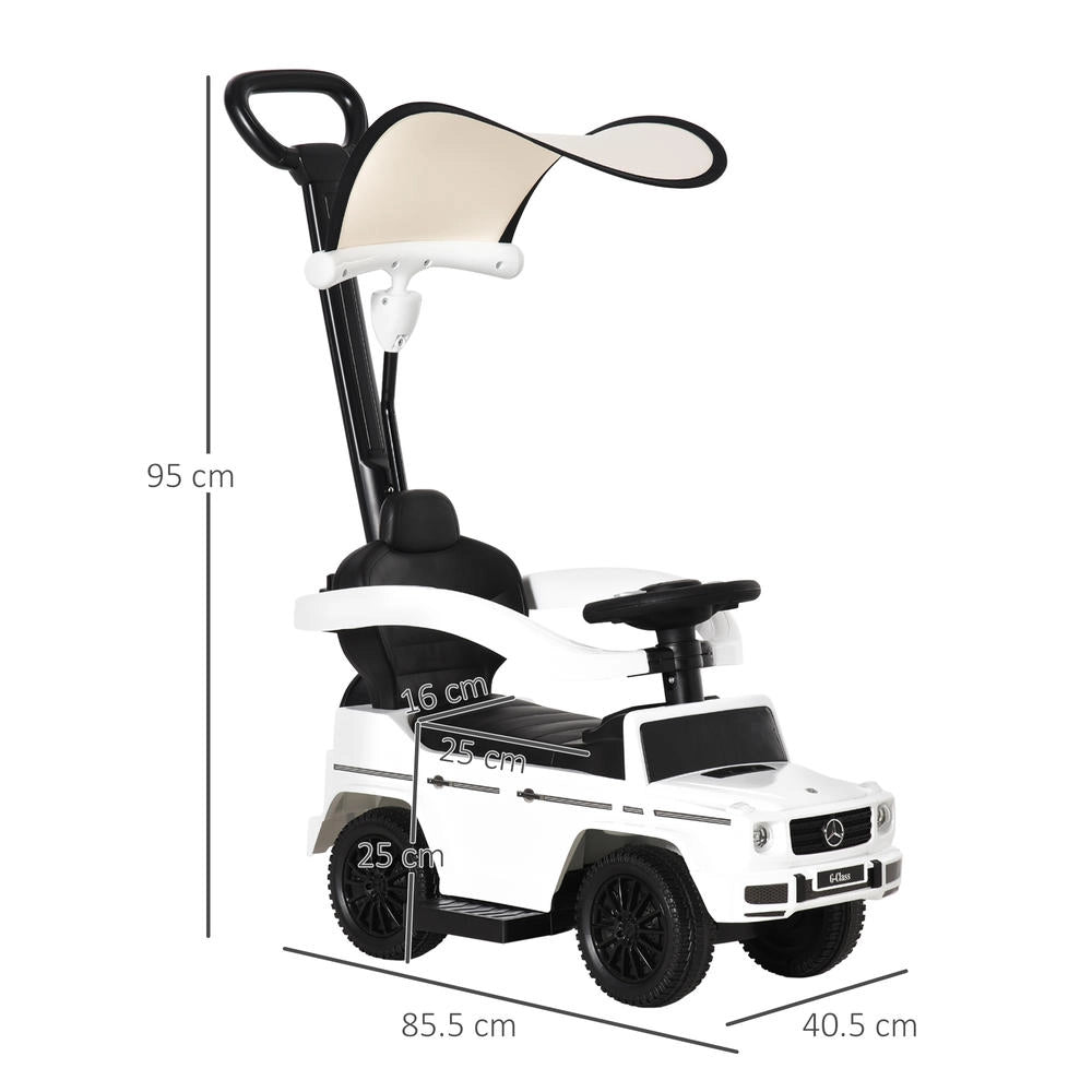 Macchina a Spinta Cavalcabile Mercedes per Bambini 12-36 Mesi con Parasole e Maniglia Pratica Bianco 85.5x40.5x95 cm