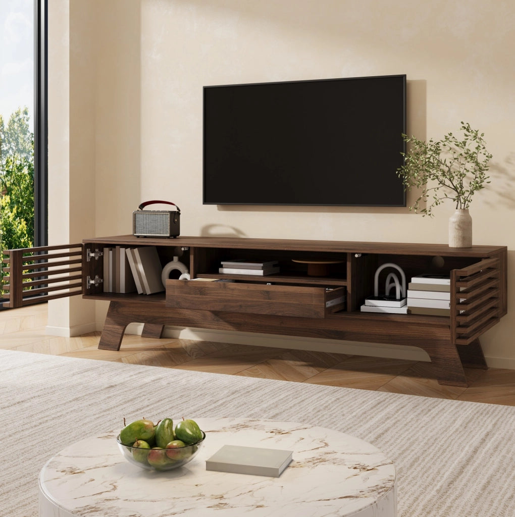Mobile TV in MDF noce 150 cm con ante a lamelle e cassetto
