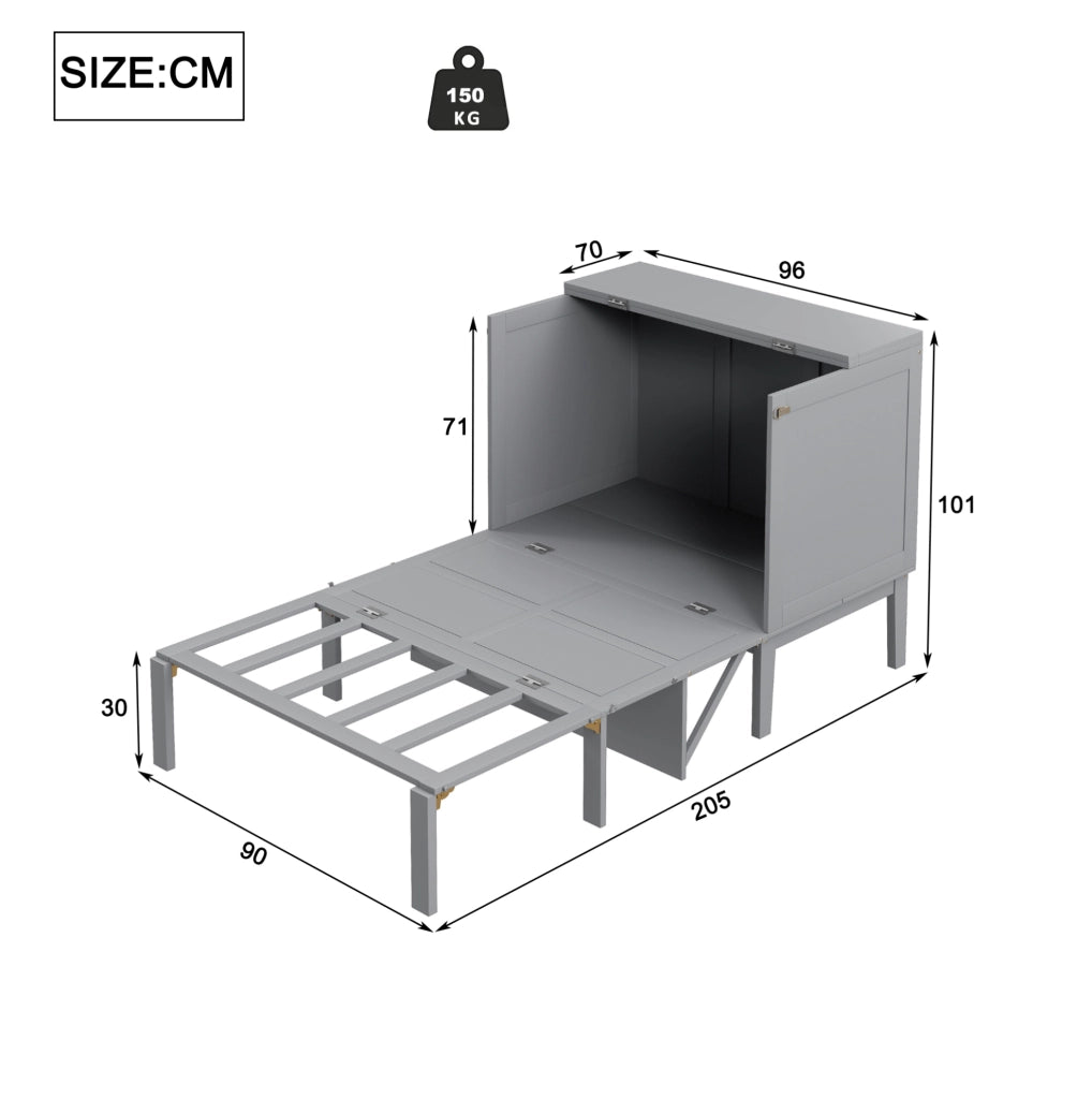 Letto a scomparsa verticale 90x200 cm con rete a doghe, colore grigio, risparmio spazio per camere singole