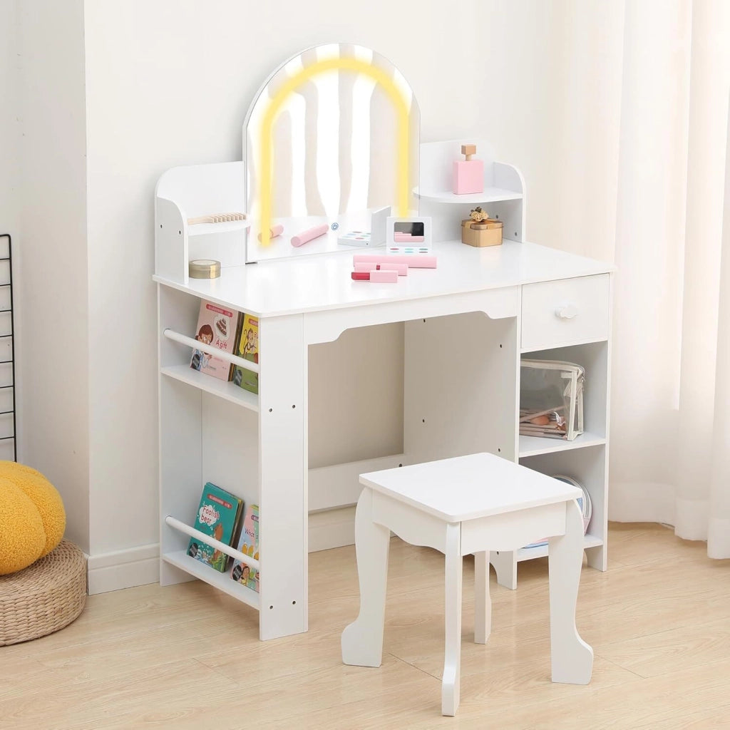 Toilette 2 in 1 per Bambine con Specchio LED a 3 Colori e Sgabello - Cassetto, Libreria e Ripiani di Ricovero per Bambine dai 3 ai 9 Anni