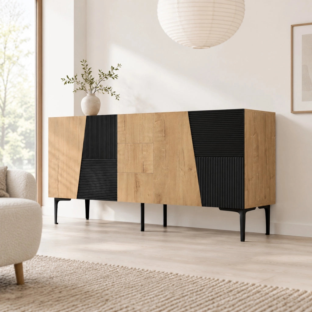 Credenza con 4 ante e 3 cassetti, effetto legno naturale e nero