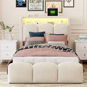 Letto singolo imbottito IVMEU 90x200 cm con contenitore idraulico, LED e prese USB e Type-C, velluto beige