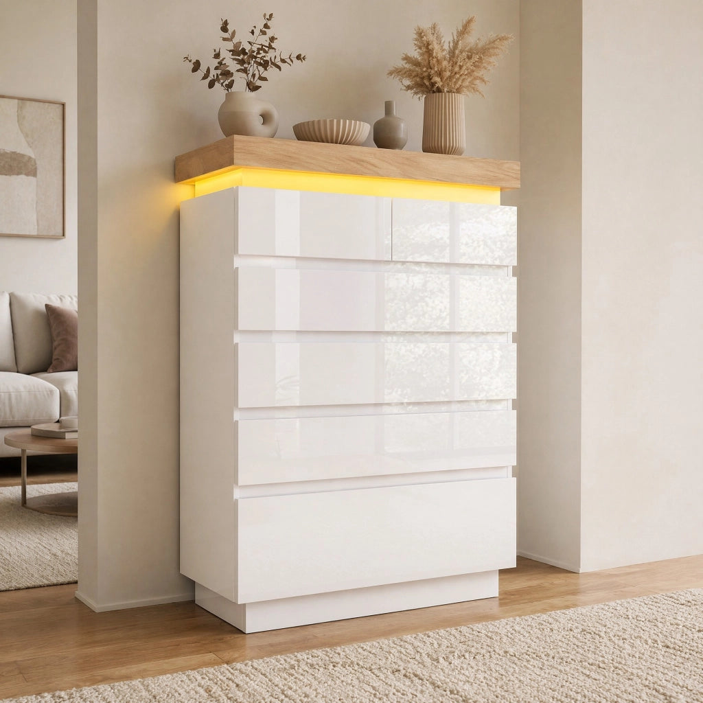 Credenza con 6 cassetti e illuminazione LED controllabile tramite app; 73x39x115 cm; bianco lucido