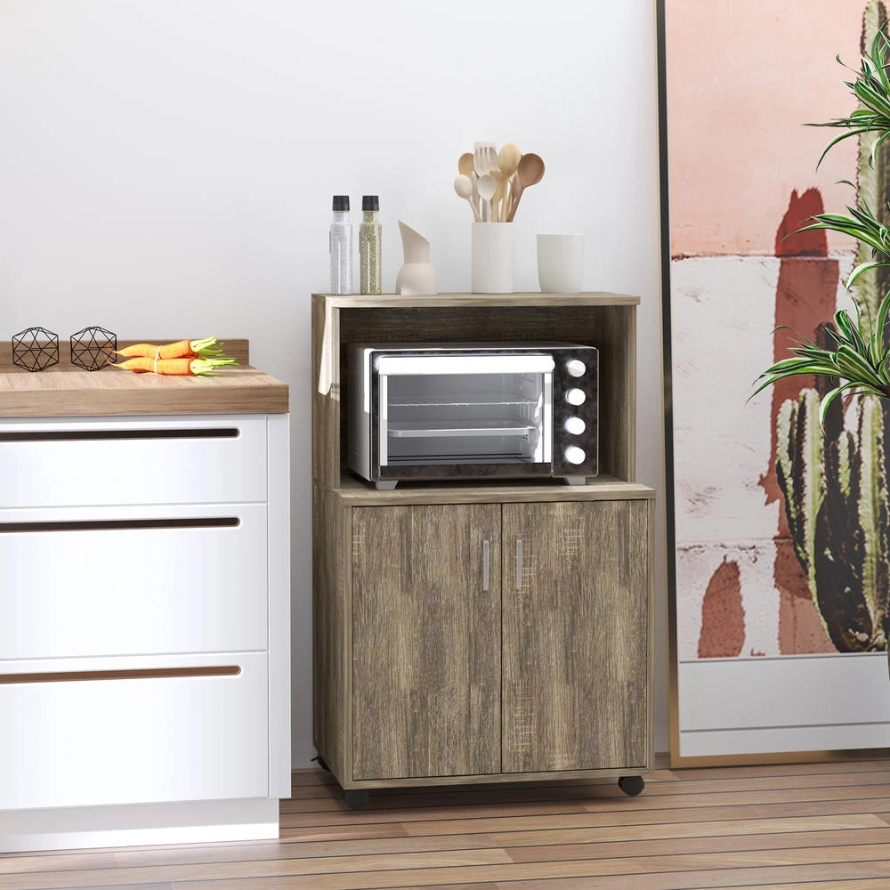 Mobile cucina multiuso salvaspazio con 4 ruote, armadietto e ripiano per microonde, grigio, pratico per casa, 60.4x40.3x97cm