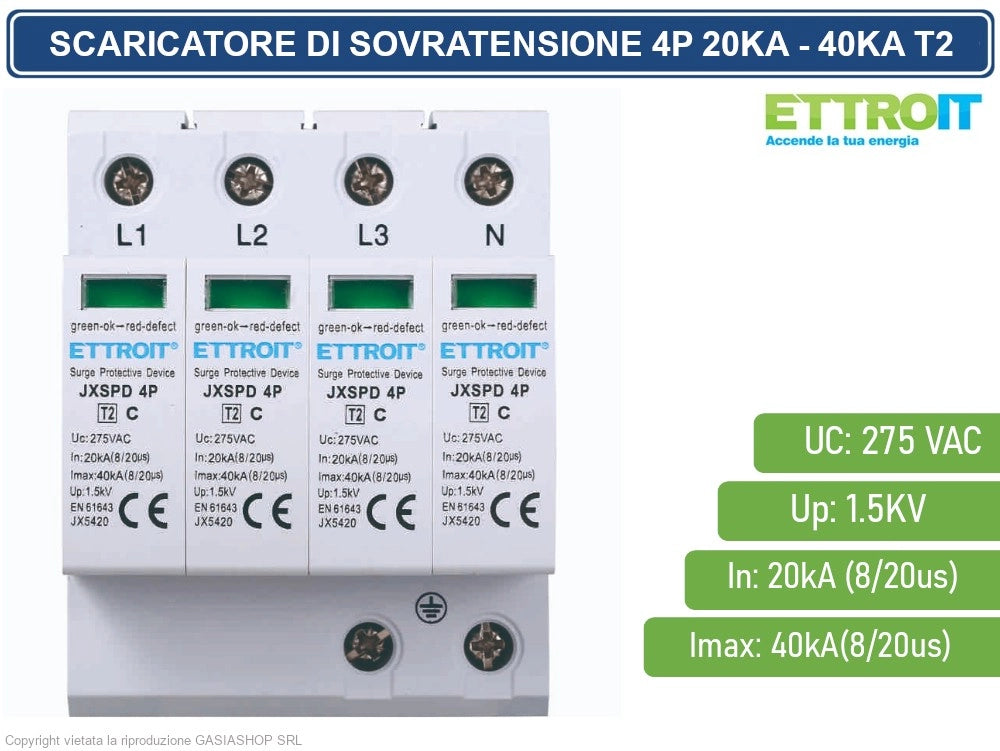 ETTROIT SCARICATORE LIMITATORE DI SOVRATENSIONE 2 MODULI TIPO T2 4P 20KA-40KA SPD A LIMITAZIONE PER BARRA DIN
