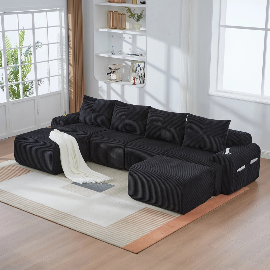 Divano modulare 4 posti 333x174x80 cm con moduli componibili, portabicchieri e tasca laterale in tessuto a coste nero, moderno