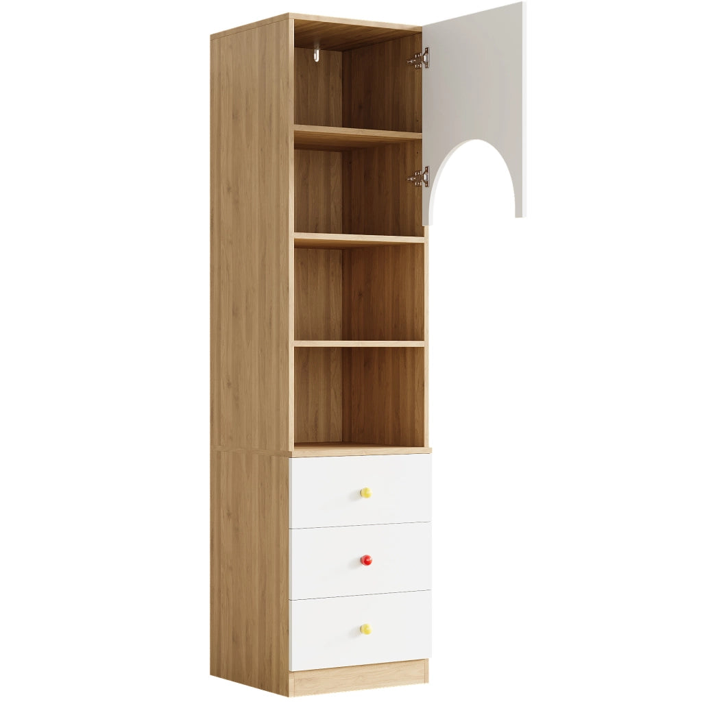 Set armadio a 2 ante e scaffale in MDF, bianco e legno naturale, altezza 200 cm