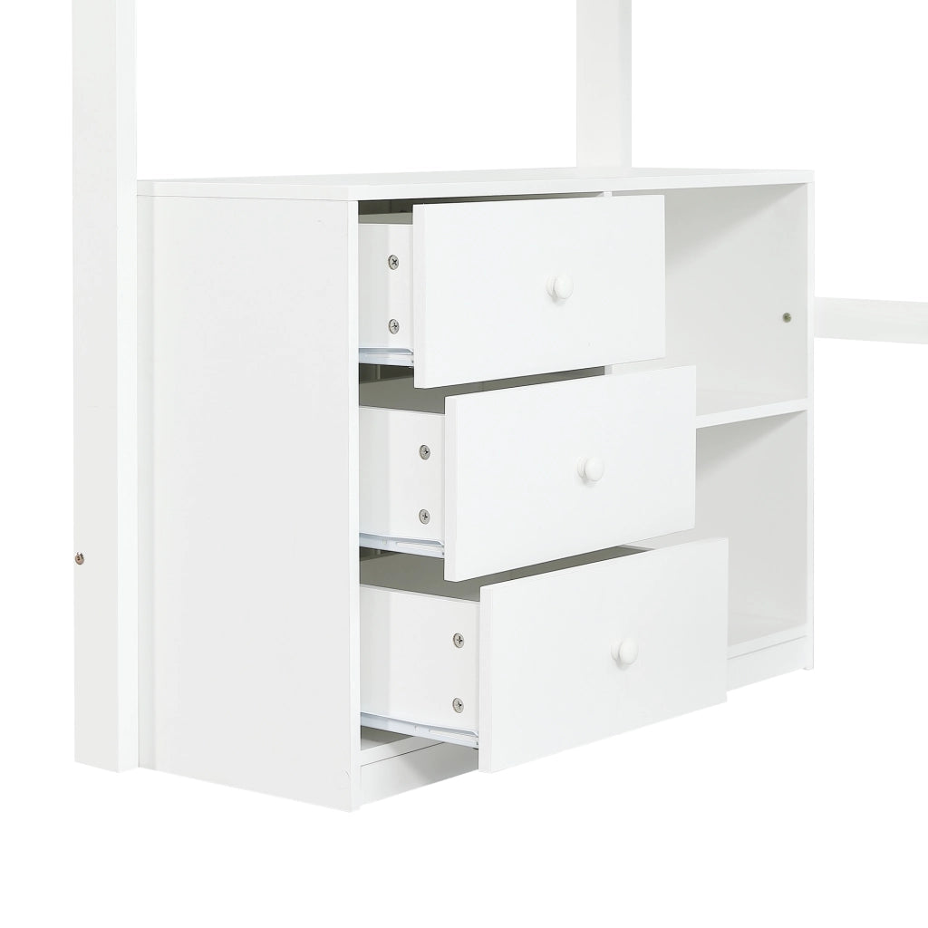 Letto a soppalco per bambini 90 × 200 cm con scrivania cassetti scaffale rete a doghe in legno bianco