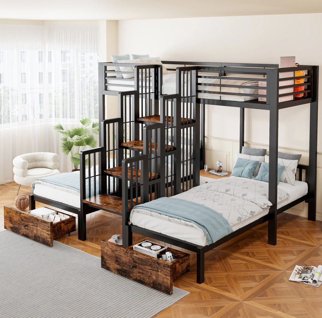 Letto a castello triplo 90 x 200 cm in metallo e legno nero con scala e 2 cassetti