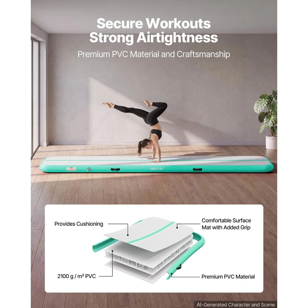 Tappetino Gonfiabile per Ginnastica Artistica 400x100x10 cm Verde Menta con Pompa Elettrica Resistente Portatile Max 200 kg