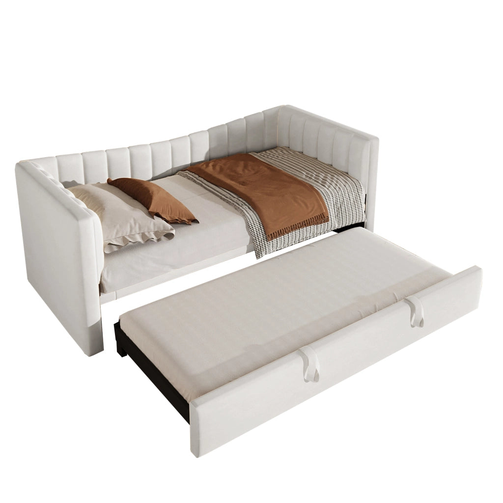 Letto singolo imbottito con letto estraibile regolabile in velluto bianco senza materasso