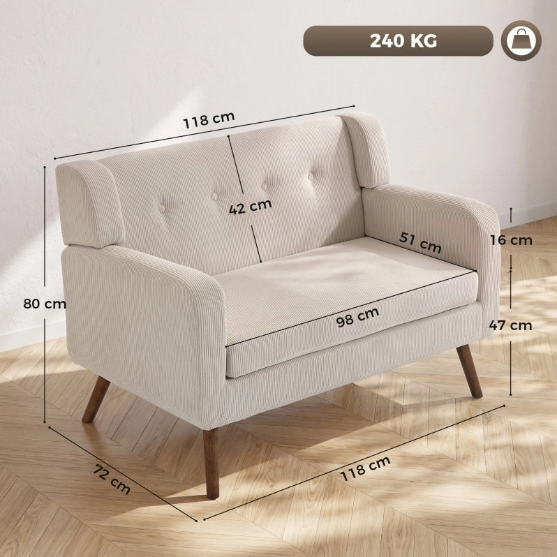 Divano a 2 posti beige da 118 cm con rivestimento a coste