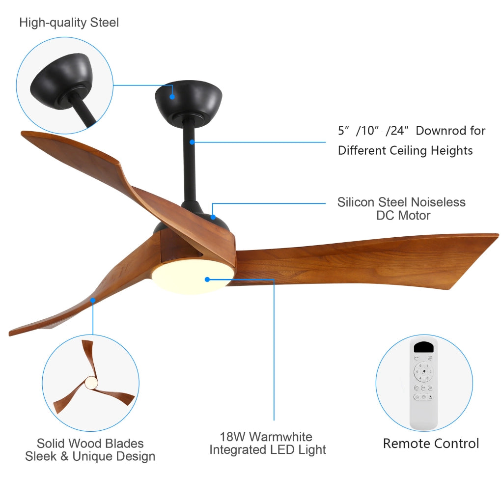 Ventilatore da soffitto 132 cm con motore DC; telecomando a 6 velocità; nero