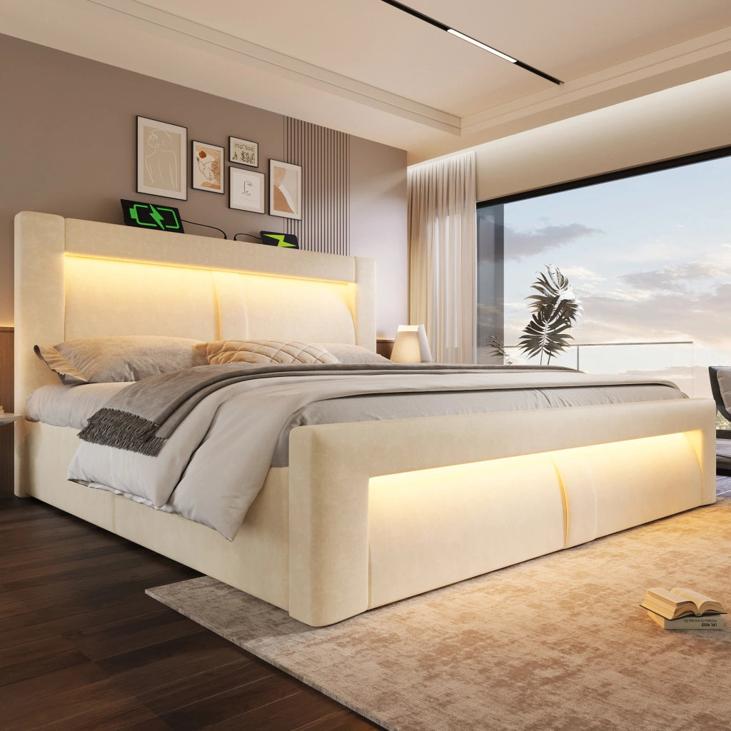 Letto contenitore 160 ¡Á 200 cm con LED e porte USB Type-C rivestito in velluto grigio