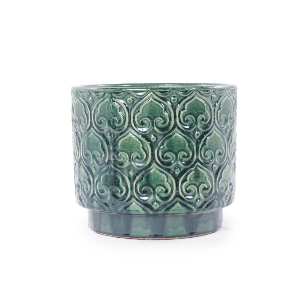 Vaso in ceramica verde Ø 19 cm con rilievo a cuore e foro di drenaggio