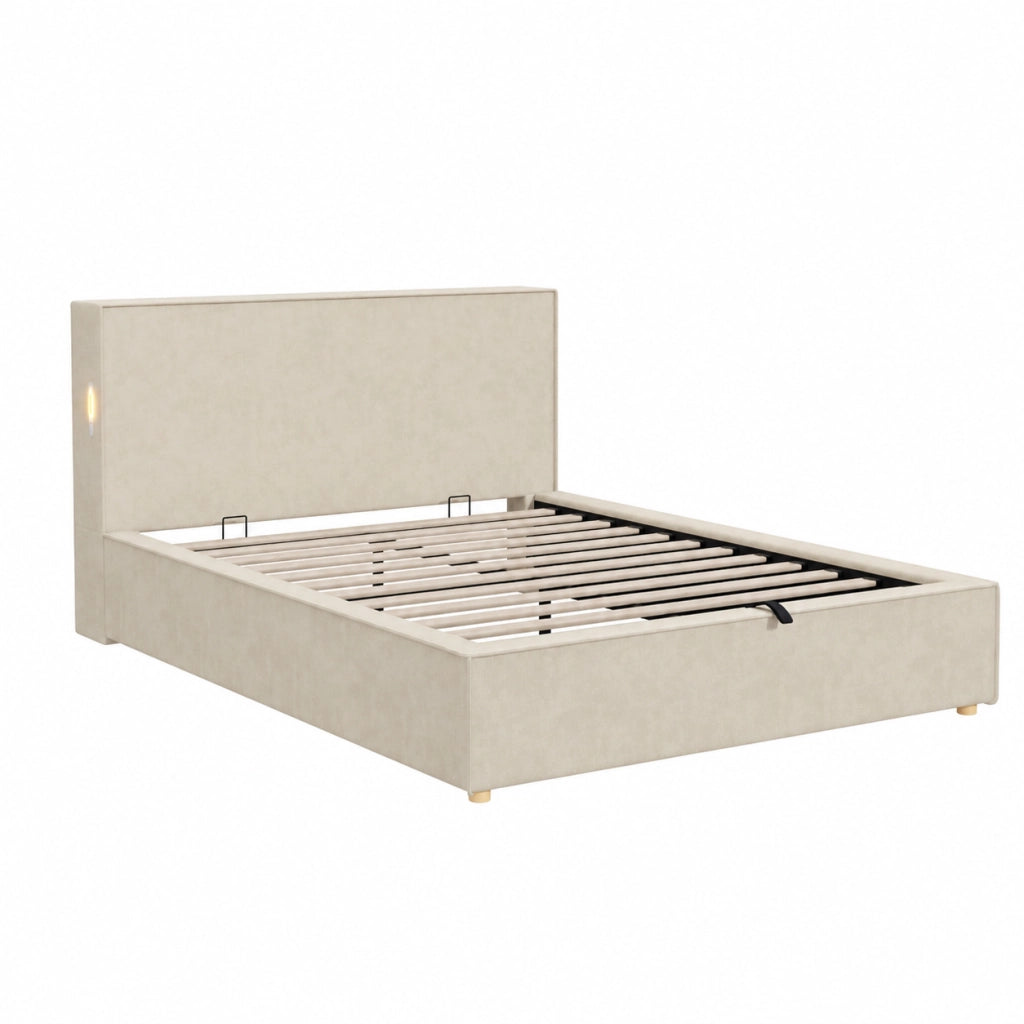 Letto imbottito 120x200 con contenitore idraulico; testiera imbottita; ciniglia beige