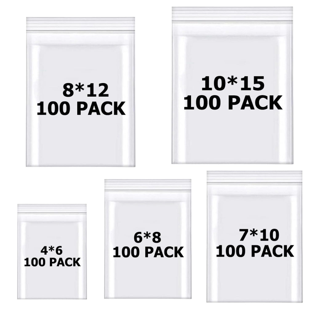500 sacchetti trasparenti con chiusura a zip, 5 diverse dimensioni, spessore 0,1 mm