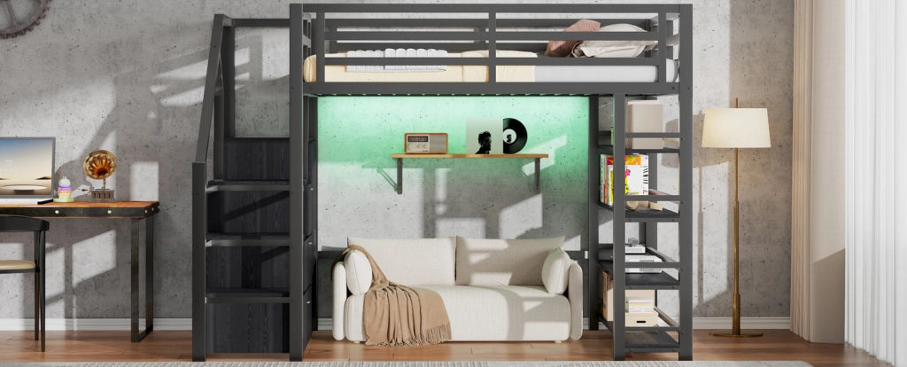 Letto a castello in metallo 140x200 con armadio integrato, ripiani, illuminazione LED e scala contenitore, nero