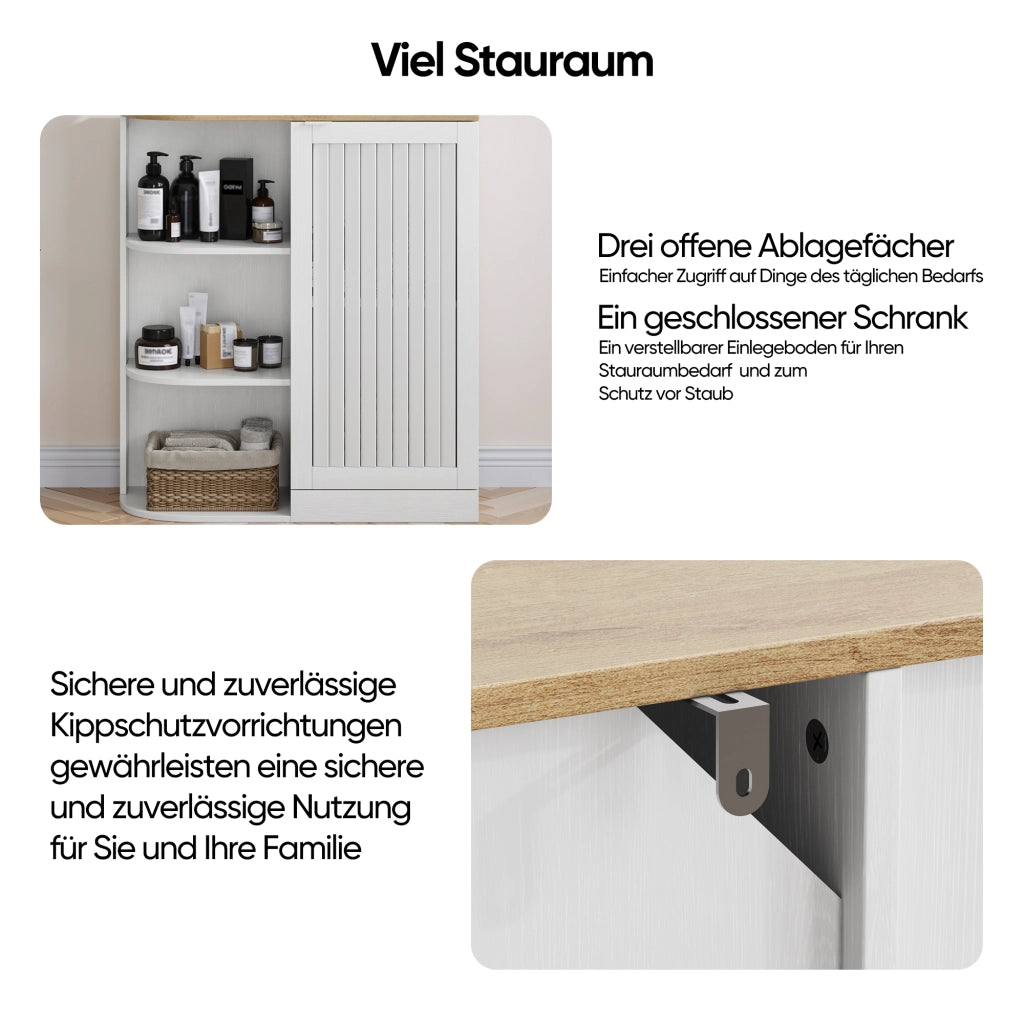 Mobile da bagno ad angolo 68 × 25 × 76 cm bianco e rovere con 3 ripiani aperti ante a griglia e ripiani regolabili