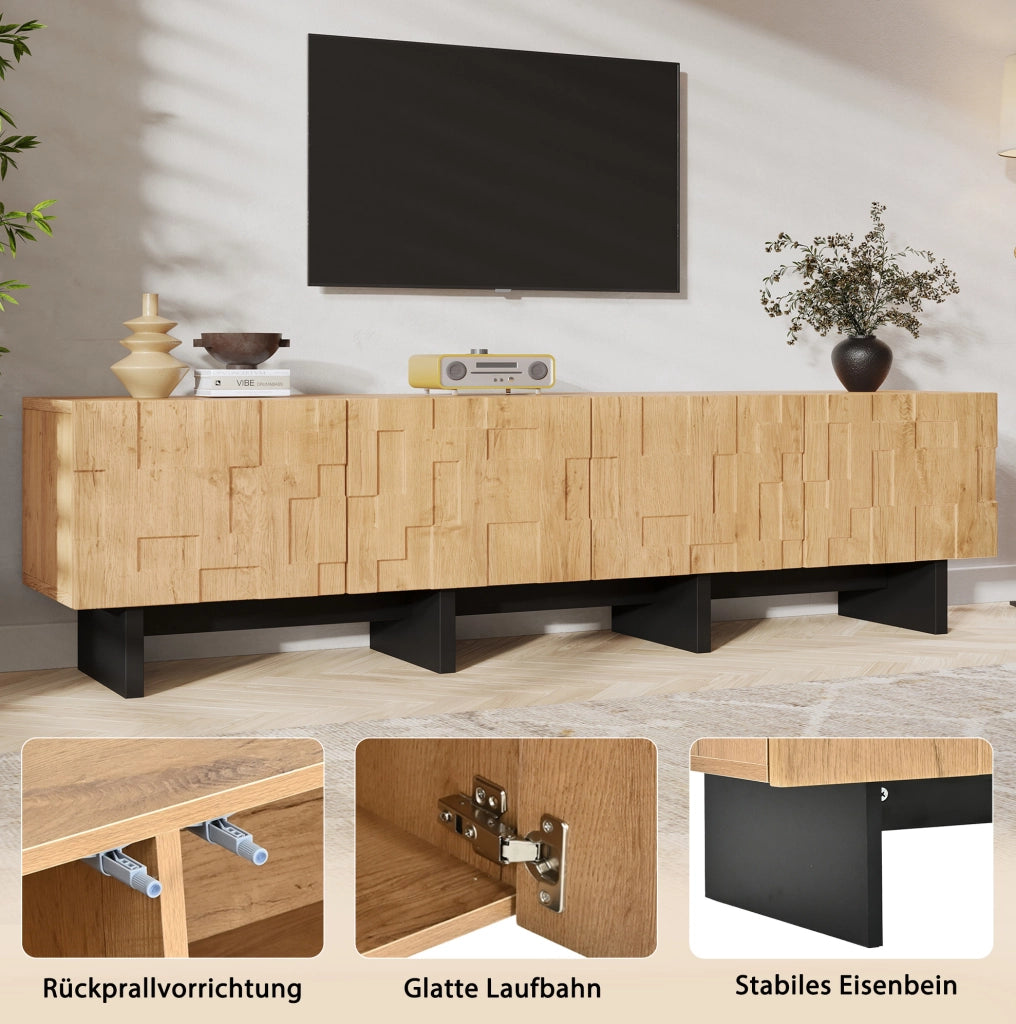 Mobile TV in legno naturale 180×38,5×45 cm per televisori fino a 75 pollici con 4 ante a motivo a nido d'ape