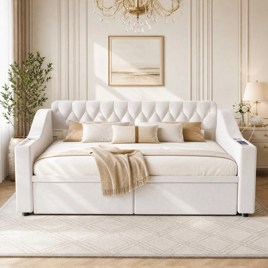 Divano letto 214,5x96x78,5 cm con contenitore, cassetti e USB in velluto beige per piccoli spazi, moderno