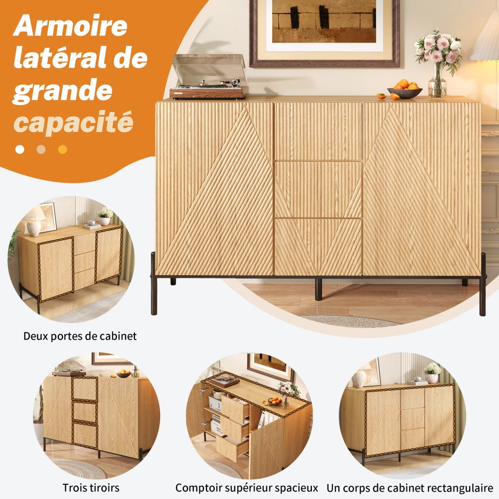 Credenza 115,5 × 40 × 76 cm con due ante geometriche e cassetto centrale in MDF naturale con gambe in ferro nero